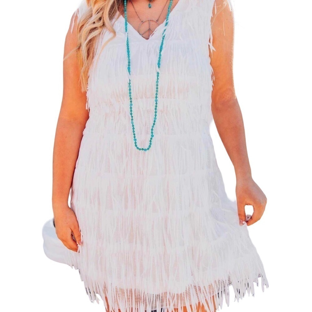 Southern Fried Chics Promise Forever Dress White Fringe Size Large Bride Country - Picture 2 of 7